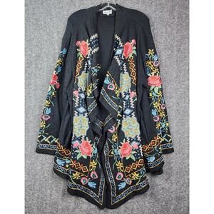 Time for Me Cardigan Womens 2X Black Floral Embroidered Cotton Boho Open Front